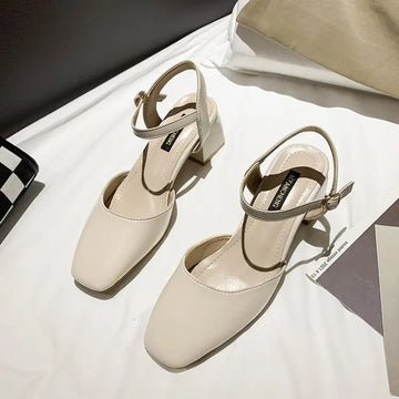 Xajzpa Beige Heeled Sandals Comfort Shoes for Women Med Buckle Strap 2025 Summer Black Block Girls Low Closed High Medium New Fashion S